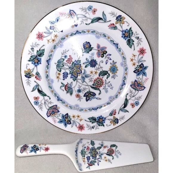 Andrea by Sadek Japan Cake Plate and Server Floral Gold Trim Modern Blue Serving - Picture 2 of 9